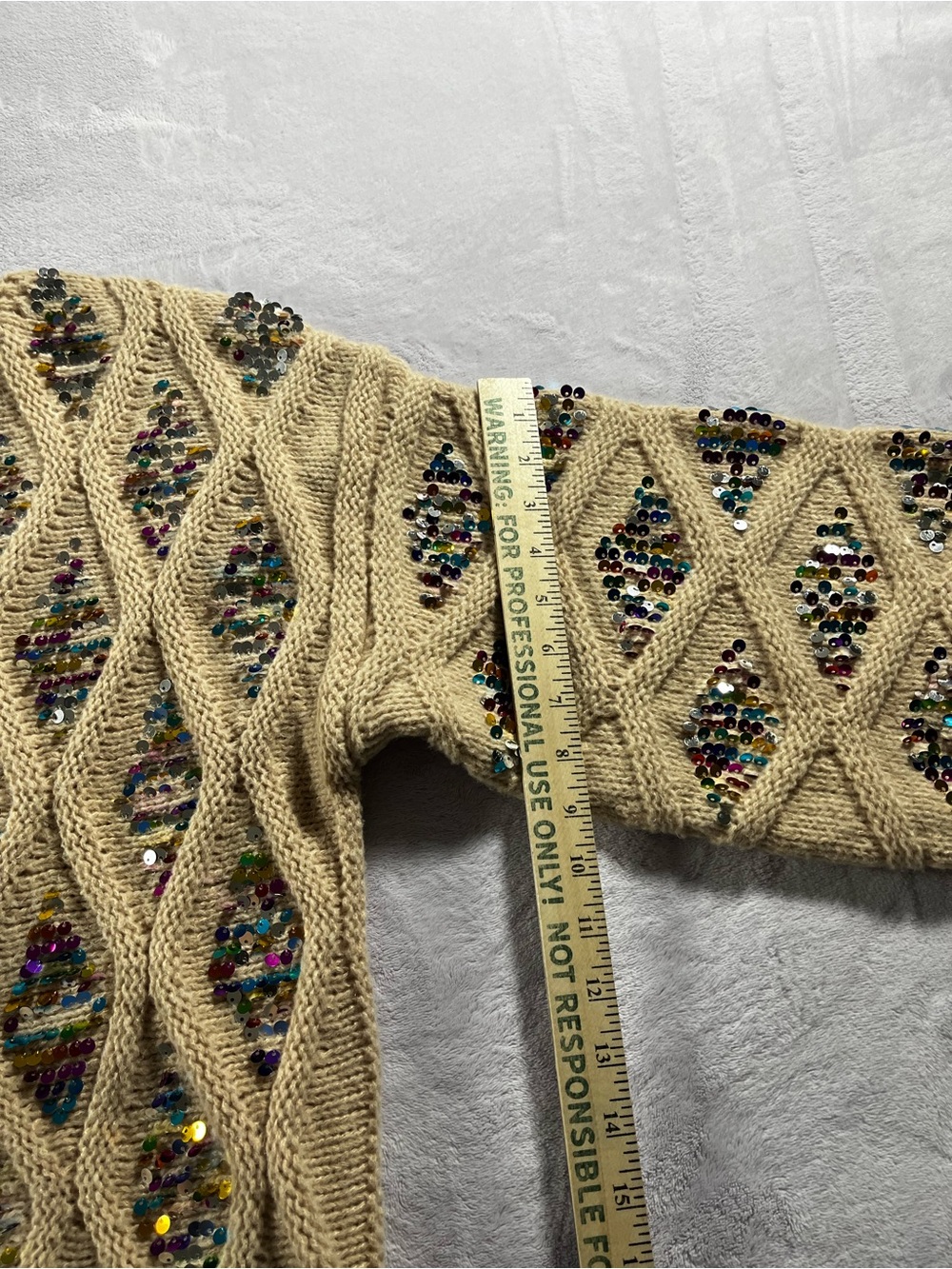 Bibi Beige Cable Knit Sweater with Multicolor Inset Multicolor Sequins Size XL - Picture 11 of 15